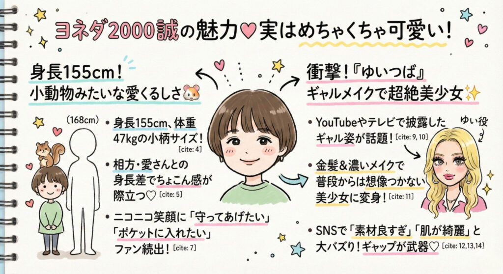 ヨネダ2000誠の魅力 ボーイッシュな誠さんですが、ファンの間では「実はめちゃくちゃ可愛い」と評判です。 その理由を深掘りしてみましょう。 身長155cm!小動物のような愛くるしさで人気 誠さんの身長は155cm、体重47kgとかなり小柄です。 相方の愛さんが168cmの長身で大柄なため、隣に並ぶとちょこんとしたサイズ感が際立ちます。 その姿はまるで小動物。 マッシュルームカットでニコニコしている様子に、「守ってあげたくなる」「ポケットに入れたい」と母性(父性)をくすぐられるファンが続出しています。 衝撃の変身!「ゆいつば」ギャルメイクが超絶美少女 誠さんの可愛さが世間にバレてしまった(?)のが、YouTubeやテレビ番組『有吉の壁』で披露したギャルメイクです。 カップルYouTuberを模したキャラ「ゆいつばカップル」の彼女・ゆい役で登場した誠さん。 金髪ウィッグに濃いめのメイク、つけまつげを装着した姿は、普段の素朴さからは想像もつかない超絶美少女に変身していました。 「素材が良すぎる」「肌が白くて綺麗」とSNSで大バズり。 このギャップもまた、将来のパートナーをメロメロにする強力な武器になるはずです。